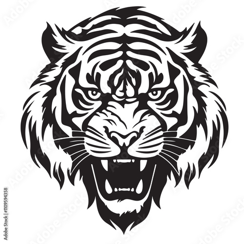 Angry tiger head with roaring mouth hand drawn sketch engraving style vector illustration