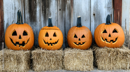 Three carved pumpkins with cheerful faces sit on hay bales, placed against a rustic wooden background, creating a classic Halloween display.

 photo