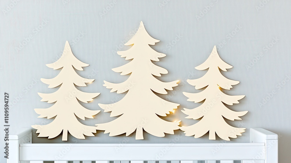 Obraz premium Christmas nursery decor concepts. Three wooden trees decoratively arranged on a white background.