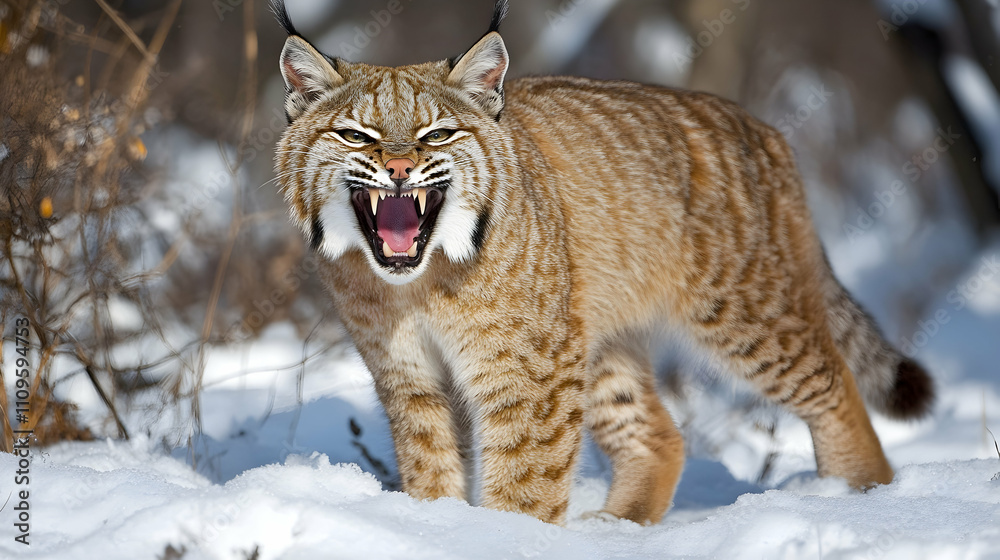A snarling lynx standing on snowy ground, its sharp fangs exposed and ears upright, ready to pounce in a frozen forest environment.
A snarling lynx standing on snowy ground, its sharp fangs exposed and ears upright, ready to pounce in a frozen forest environment.