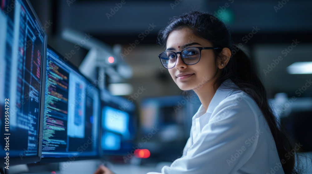 Fototapeta premium Focused Female Scientist Working in High-Tech Laboratory