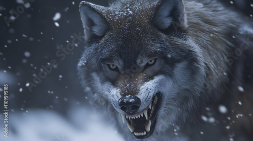 A wolf in a snowy forest with snowflakes clinging to its fur, growling fiercely with sharp teeth exposed, blending into its cold, harsh environment.

 photo