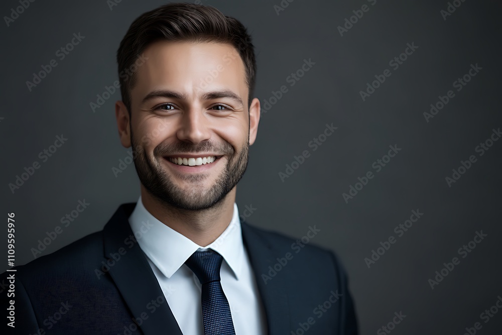 Portrait of a businessman smiling confidently, in suit and tie, grey background. 32k, full ultra hd, high resolution Portrait of a businessman smiling confidently, in suit and tie, grey background. 32k, full ultra hd, high resolution