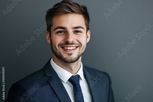 Portrait of a businessman smiling confidently, in suit and tie, grey background. 32k, full ultra hd, high resolution