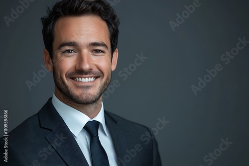 Portrait of a businessman smiling confidently, in suit and tie, grey background. 32k, full ultra hd, high resolution