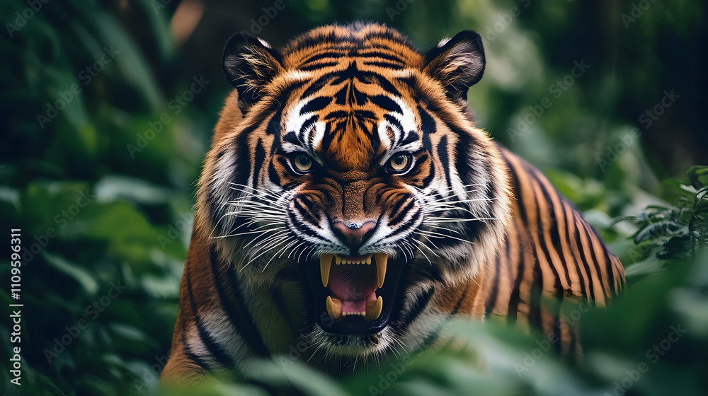 A tiger snarling ferociously with its ears flattened back, standing in the jungle with its claws extended, exuding raw power.
A tiger snarling ferociously with its ears flattened back, standing in the jungle with its claws extended, exuding raw power.