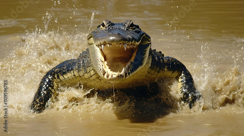 A crocodile emerging fiercely from the water with its mouth open, ready to attack with unmatched force.

