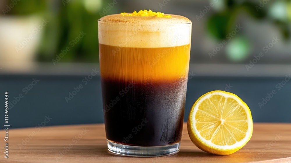 a vibrant nitro cold brew coffee cascading in a glass, with a foamy top and a side of lemon zest a vibrant nitro cold brew coffee cascading in a glass, with a foamy top and a side of lemon zest