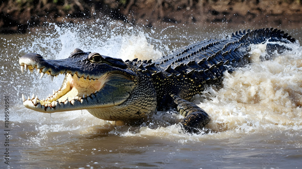 Obraz premium A crocodile lunging forward in muddy water, creating a splash as it charges with incredible power and speed.