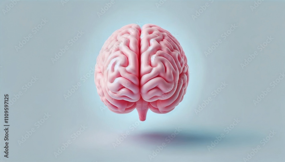 A realistic 3D rendering of a human brain in pink tones, floating against a soft blue background, highlighting neural complexity.