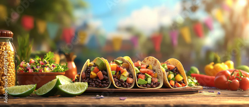 vibrant setup of plant based tacos with fresh vegetables, lime, and colorful garnishes, perfect for festive gathering photo