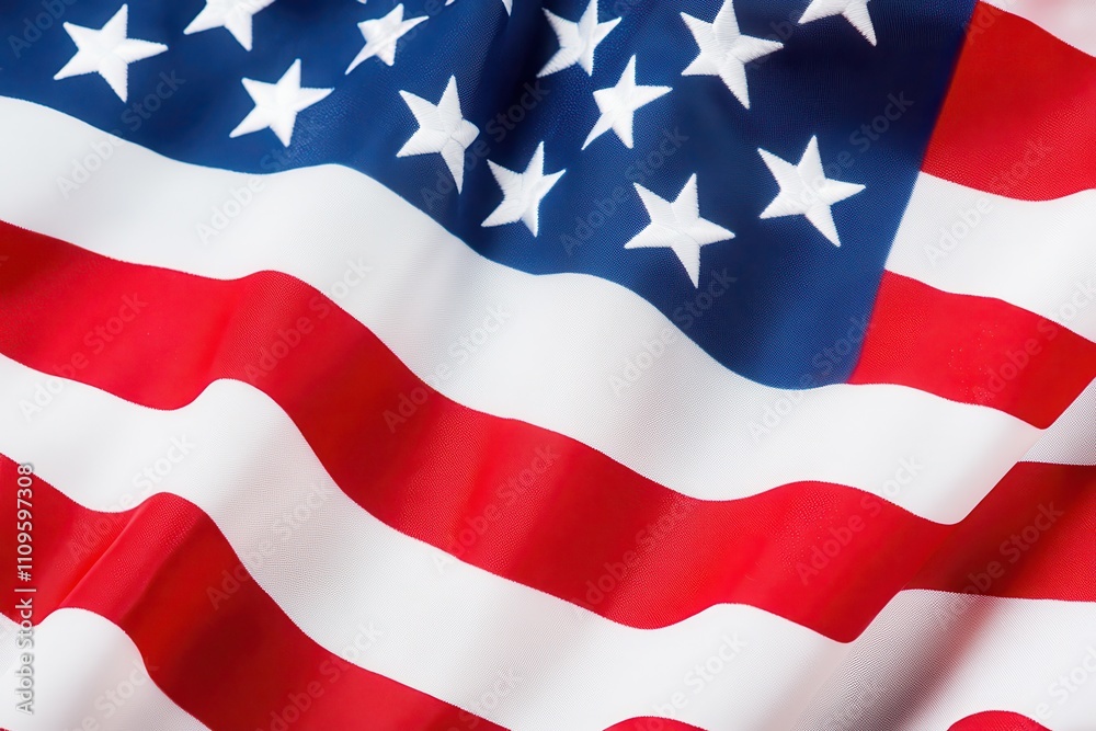 A close-up of American flag waving showing iconic red, white and blue color with stars and stripes A close-up of American flag waving showing iconic red, white and blue color with stars and stripes