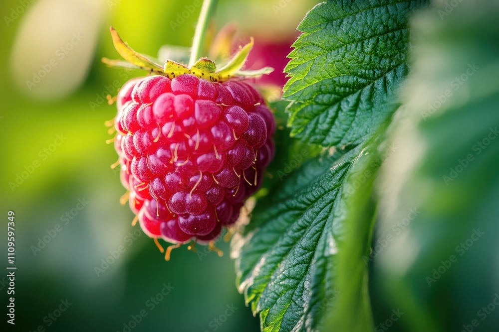 A close-up of a ripe red raspberry with green leaves A close-up of a ripe red raspberry with green leaves