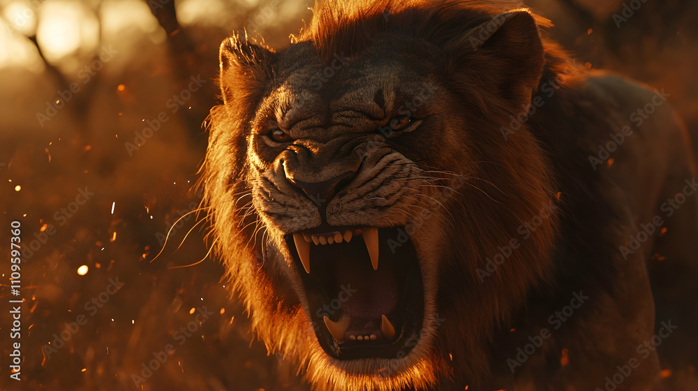 Naklejka premium A lion snarling aggressively with a shadowy backdrop, emphasizing its dominance and raw, primal energy.