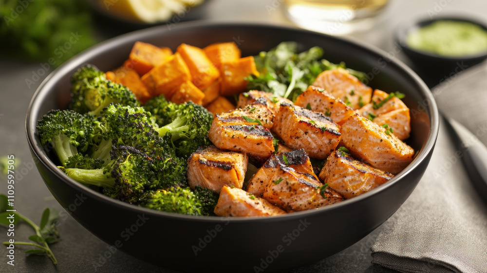 delicious dinner bowl featuring grilled salmon, sweet potatoes, and broccoli, perfect for healthy meal. Enjoy vibrant colors and fresh ingredients! delicious dinner bowl featuring grilled salmon, sweet potatoes, and broccoli, perfect for healthy meal. Enjoy vibrant colors and fresh ingredients!