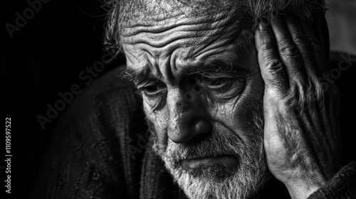 Man with His Hands Covering His Face, Leaning Forward, sad man