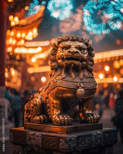 Golden Guardian Lion at Night Market  photo