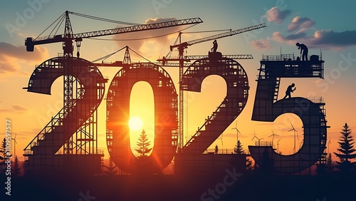 Happy new year 2025 real estate construction creative background.