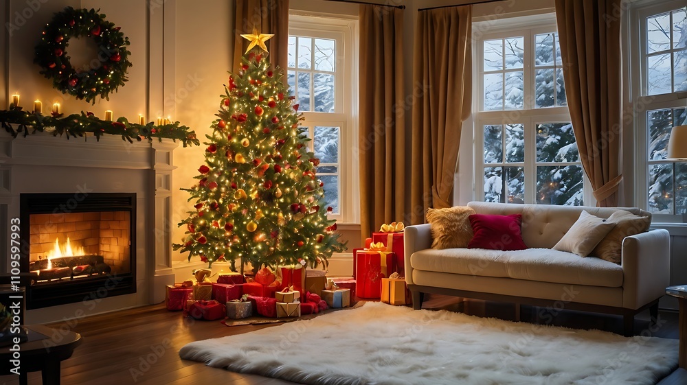 Classic Christmas Eve with Tree, Gifts, and Cozy Armchair Classic Christmas Eve with Tree, Gifts, and Cozy Armchair