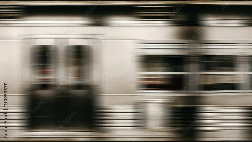 Side view of a train passing by at high speed. Subway moving forward with motion blur effect. 4K Infinite Seamless loop animation.