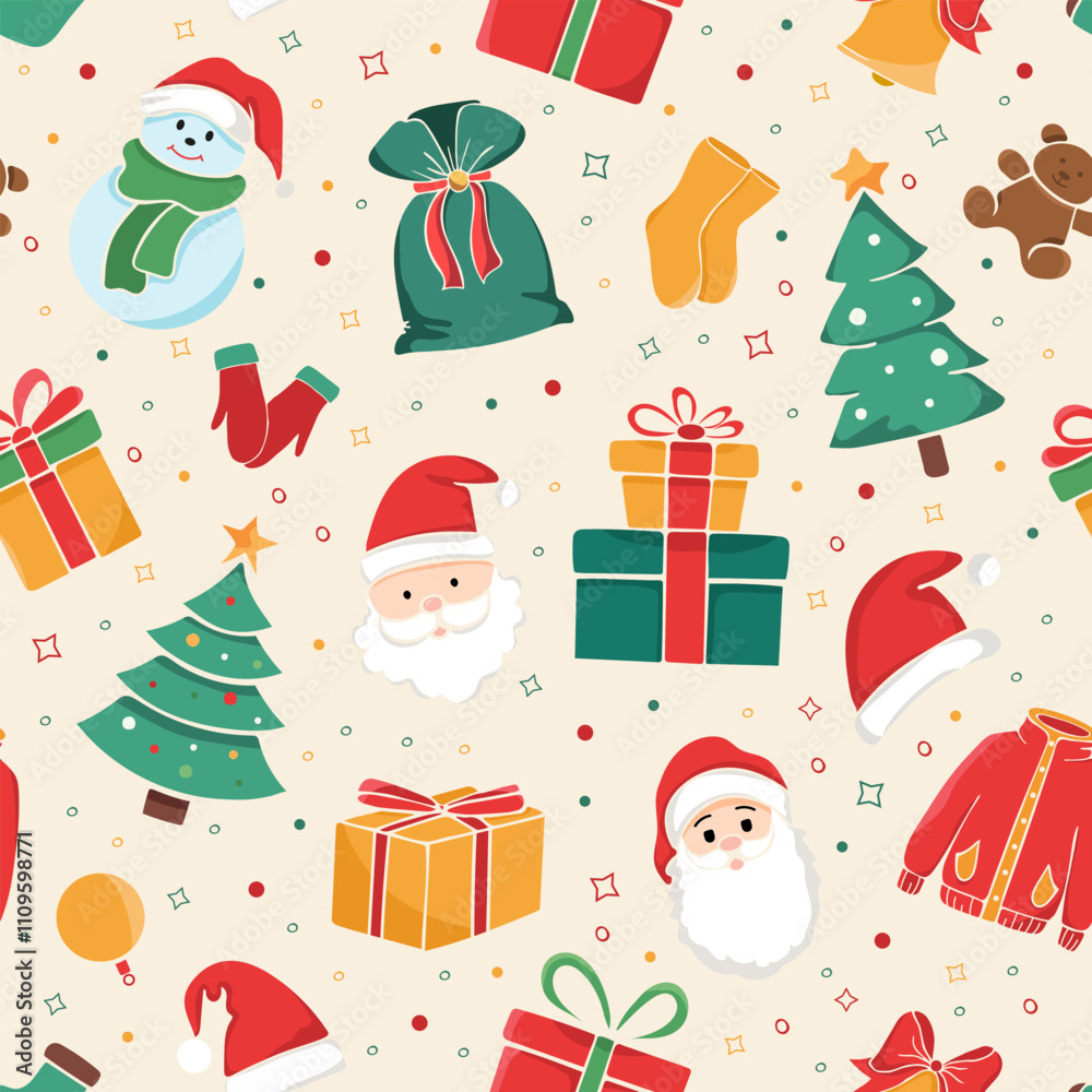 Fototapeta premium cheerful Christmas seamless pattern with festive icons in a hand-drawn style. Background with classic Christmas elements for holiday wrapping paper, greeting cards or festive apparel