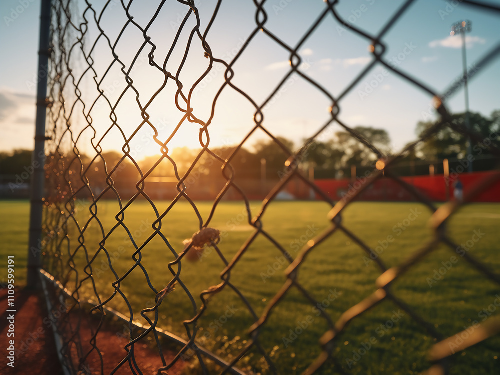 A baseball field viewed through the fence at dawn with soft light A baseball field viewed through the fence at dawn with soft light