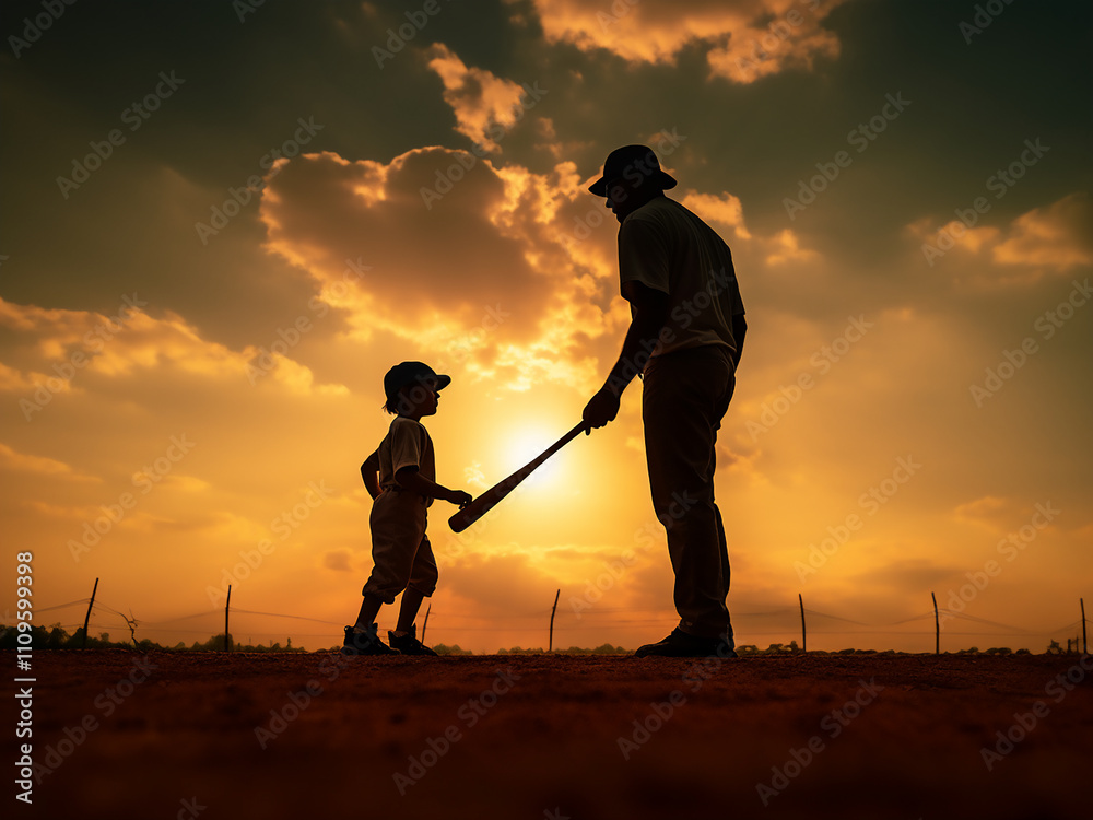 A father and child play baseball outdoors silhouetted against a summer sunset