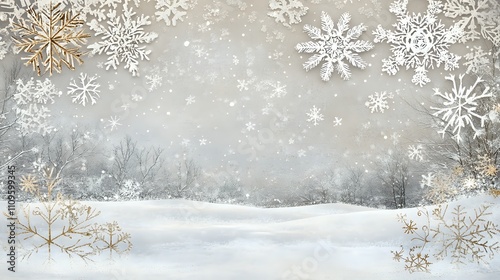 Winter wonderland scene with snowflakes falling on snowy landscape. photo