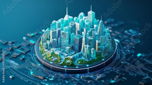 Naklejka Futuristic city skyline with digital elements.