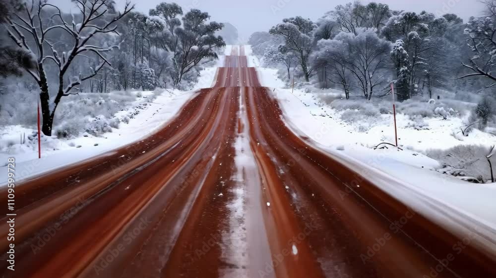 A snow-covered dirt road stretches into the distance, bordered by trees, creating a tranquil winter scene. A snow-covered dirt road stretches into the distance, bordered by trees, creating a tranquil winter scene.