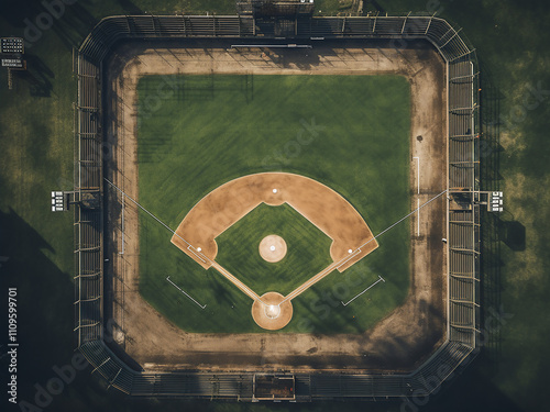 Aerial view of a baseball field with the board background visible from above