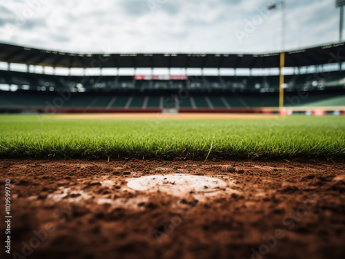 The first base of a baseball field with a clear view of the field and empty space for text photo