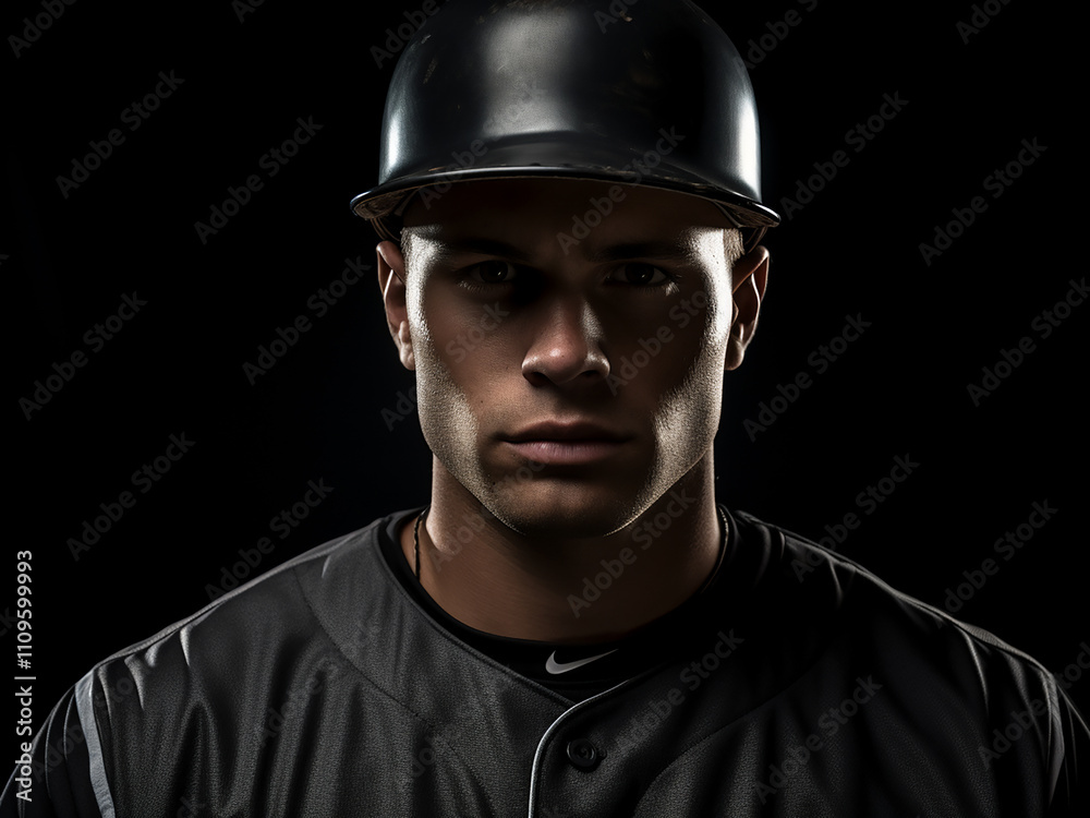 A baseball player posed in front of a dark background for a studio portrait A baseball player posed in front of a dark background for a studio portrait