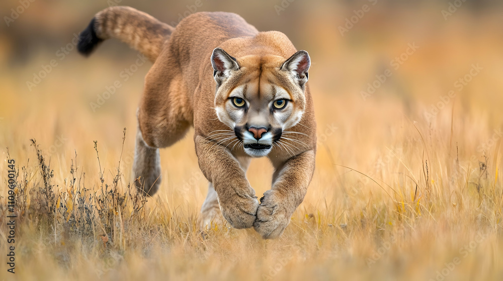Obraz premium A mountain lion stalking cautiously through an open field, its movements calculated and precise, surrounded by soft sunlight.