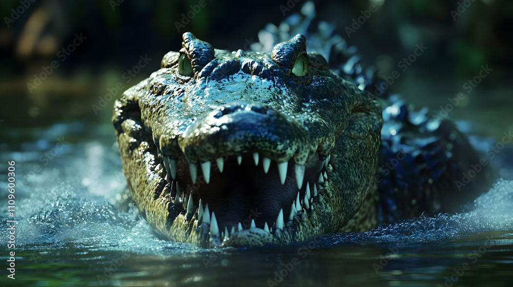 Obraz premium A crocodile lurking close to the surface of water, its sharp teeth bared and glowing eyes reflecting danger and stealth.