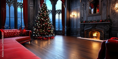 gothic living room, christmas decorations,  photo