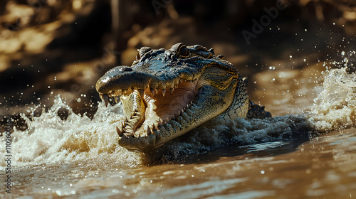 A crocodile splashing through muddy water, its mouth agape in a menacing snarl, showcasing strength and territorial dominance.

