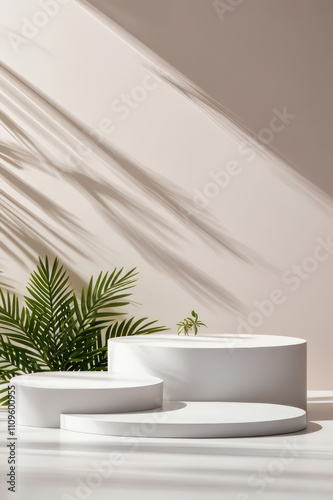 Minimalist White Podium with Plants and Vertical Lines for product presentation