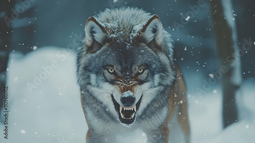 A growling wolf standing in the midst of a snowy landscape, its fur dusted with snowflakes, radiating raw intensity. photo