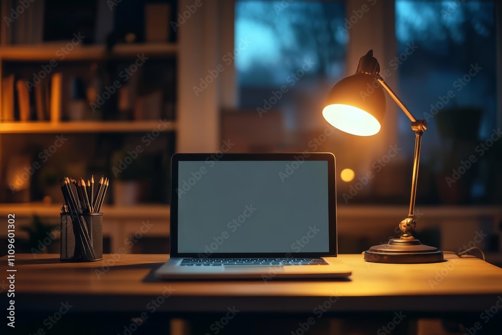 A serene and inviting workspace showcases a sleek, modern laptop, a warm and cozy desk lamp, and an organized tidy pencil holder, all beautifully illuminated by the gentle glow of the evening light A serene and inviting workspace showcases a sleek, modern laptop, a warm and cozy desk lamp, and an organized tidy pencil holder, all beautifully illuminated by the gentle glow of the evening light