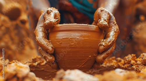 Potter shapes a clay bowl on a spinning wheel in a sunlit workshop