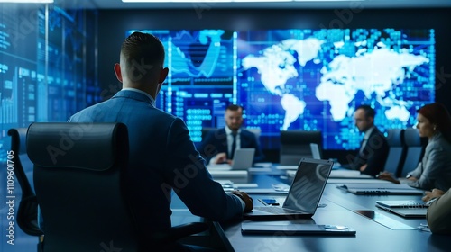 Business man representing corporate strategist analyzing market data trends with a team of business analysts developing innovative strategies to navigate competitive landscapes in a hightech boardroom
