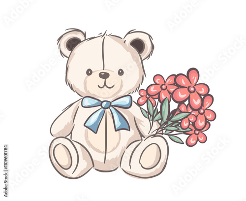 A cute teddy bear holding a bouquet of flowers in a simple and cheerful design