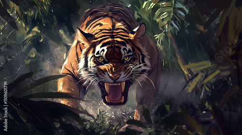 A roaring tiger crouched low in the jungle, baring its sharp teeth and exuding raw ferocity amidst the foliage. photo