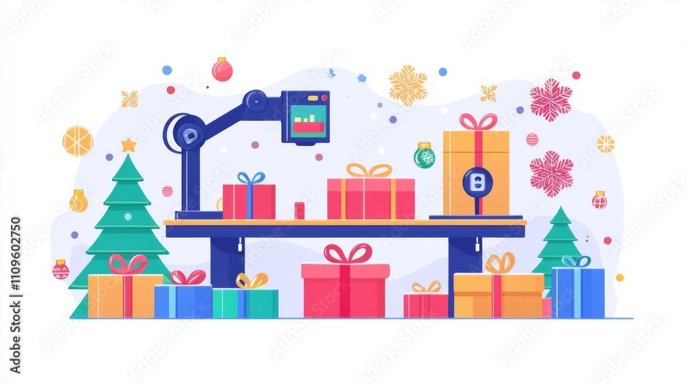Robot packing gifts during holiday season. Robot packing gifts during holiday season.