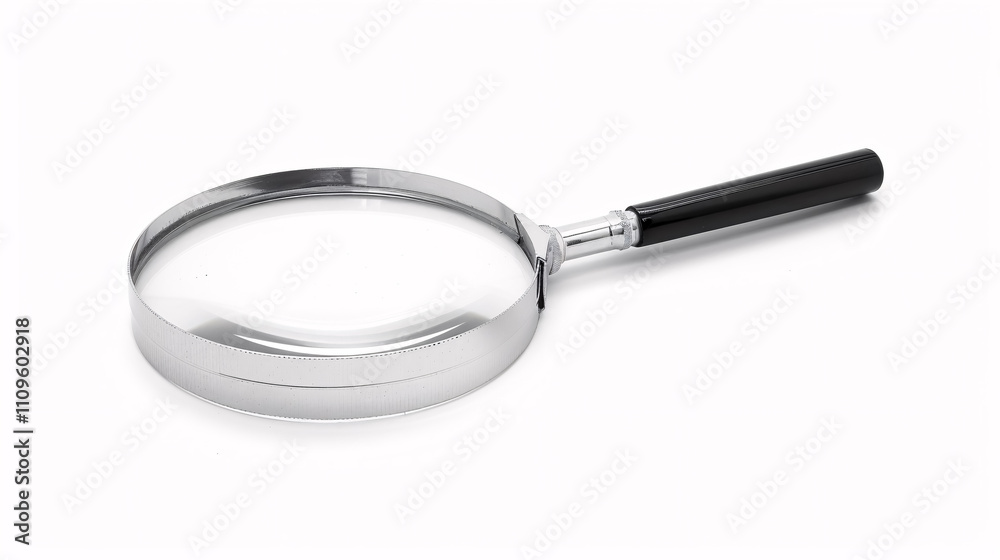 Magnifying Glass: Magnifying glass, isolated on a white background, representing examination and detail. Magnifying Glass: Magnifying glass, isolated on a white background, representing examination and detail.