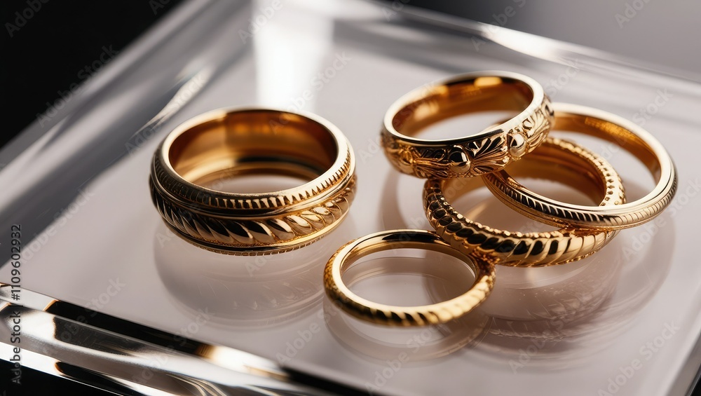 The viewer's attention is drawn to the warm, golden metal in this close-up of three to five intricately designed gold rings with varying thicknesses and elaborate details, arranged haphazardly . The viewer's attention is drawn to the warm, golden metal in this close-up of three to five intricately designed gold rings with varying thicknesses and elaborate details, arranged haphazardly .