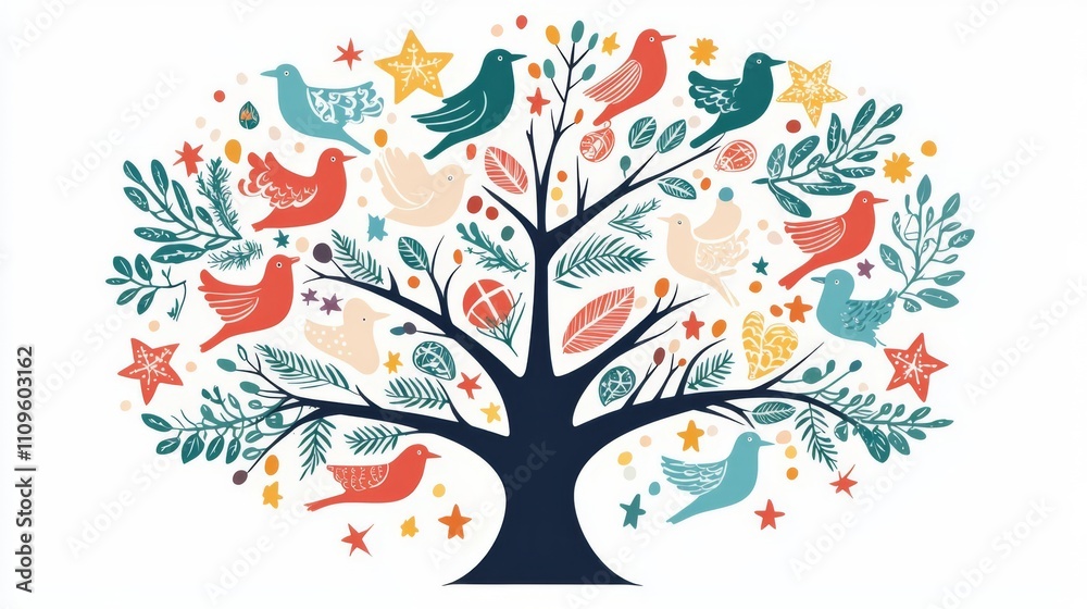Colorful tree with birds and leaves illustration. Colorful tree with birds and leaves illustration.