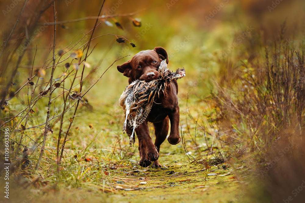 chocolate labrador retriever retrieving pheasant in a field chocolate labrador retriever retrieving pheasant in a field