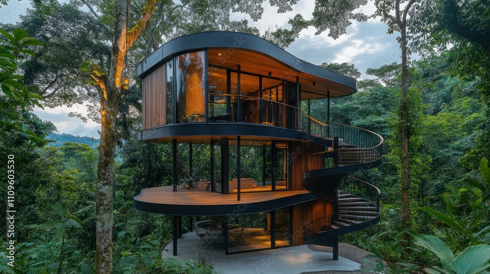 Obraz premium Contemporary modern tree house in a tall tree, with a sleek black exterior and soft glowing warm interior lighting background AI generated image